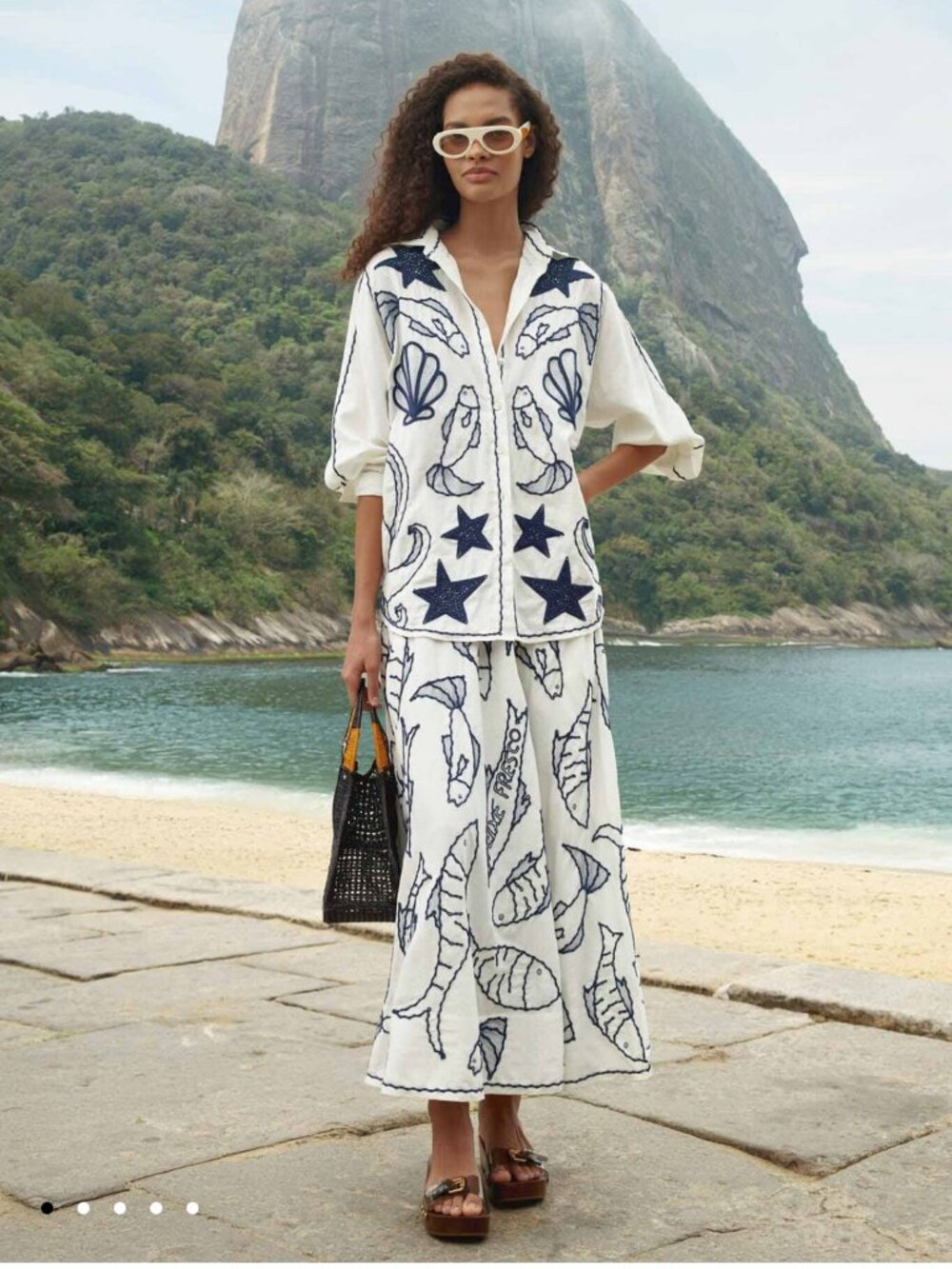 FARM Rio ❤️ Vicky Montanari Off-White Fresh Fish Embroidered Midi Skirt